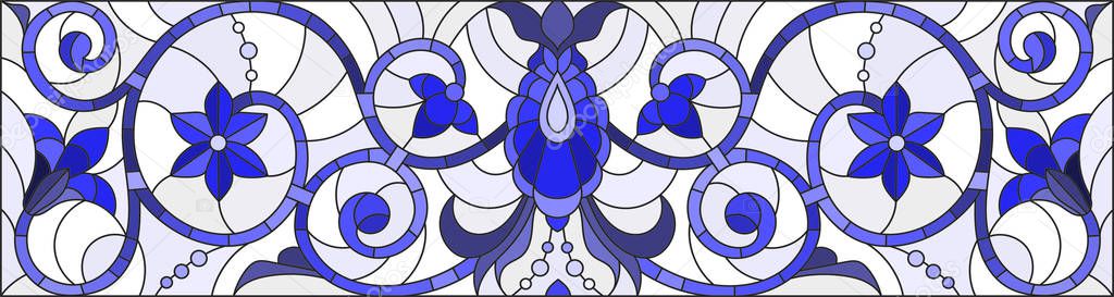 Illustration in stained glass style with abstract  swirls,flowers and leaves  on a light background,horizontal orientation,gamma blue