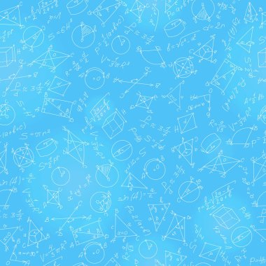 Geometri formülleri ve grafikler ile mavi bir arka plan üzerinde ışık dağılımı ve öğrenme konulu seamless modeli