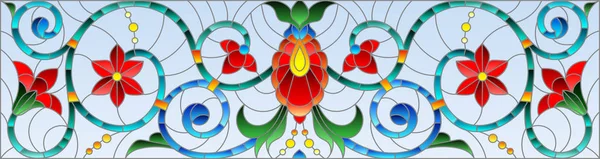 İllüstrasyon soyut swirls, vitray tarzında çiçekler ve hafif bir arka plan üzerinde yatay yönlendirme bırakır