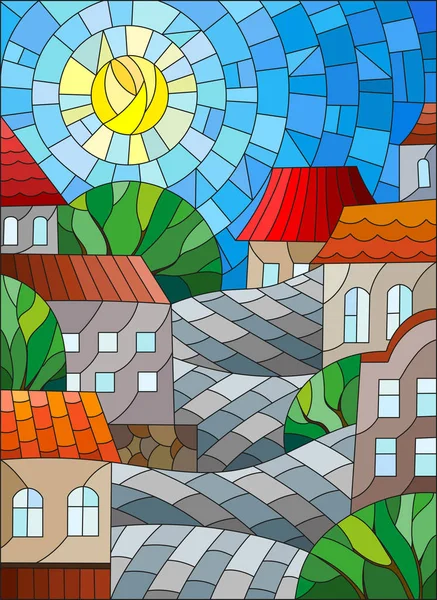 Illustrazione in stile vetrate, paesaggio urbano, tetti e alberi contro il cielo e il sole del giorno — Vettoriale Stock