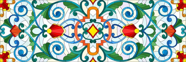 Ilustración en estilo vitral con remolinos abstractos, flores y hojas sobre un fondo claro, orientación horizontal — Archivo Imágenes Vectoriales