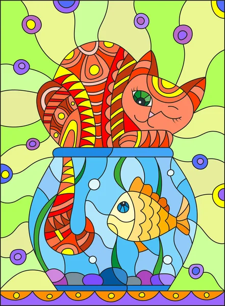 Illustration en vitrail avec chat abstrait rouge et poisson rouge dans l'aquarium — Image vectorielle