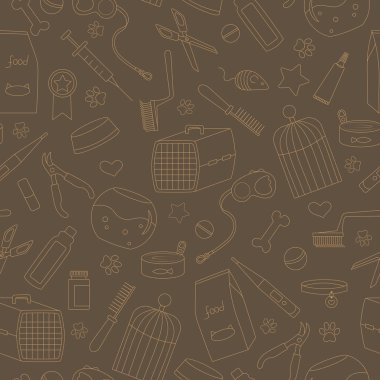 Evde beslenen hayvan kaygı, evde beslenen hayvan dükkan, basit kontür simgeler, kahverengi bir arka plan üzerinde bej anahat konu sorunsuz arka plan