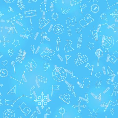 Coğrafya ve seyahat, mavi zemin üzerine ışık dağılımı tema üzerinde çizilmiş el işaretleri ile Seamless Modeli