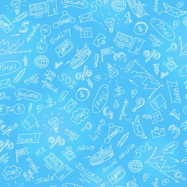 Seamless modeli iş mavi bir arka plan üzerinde tema üzerinde hafif bir marker ile çizilir