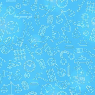 Seamless pattern with hand drawn icons on the theme of law and crimes, light contour on blue background clipart