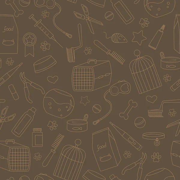 Evde beslenen hayvan kaygı, evde beslenen hayvan dükkan, basit kontür simgeler, kahverengi bir arka plan üzerinde bej anahat konu sorunsuz arka plan