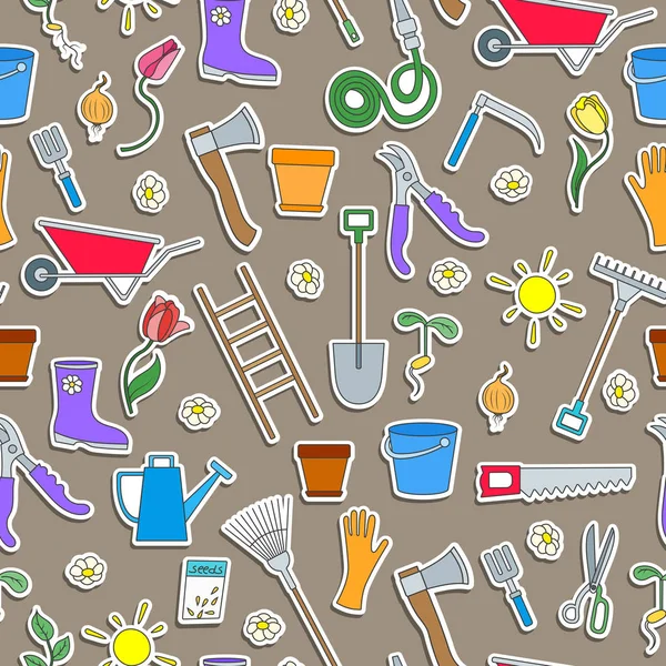 Ekim ve hasat, basit bir renkli simgeler kahverengi zemin üzerinde büyüyen Bahçe temalı seamless modeli