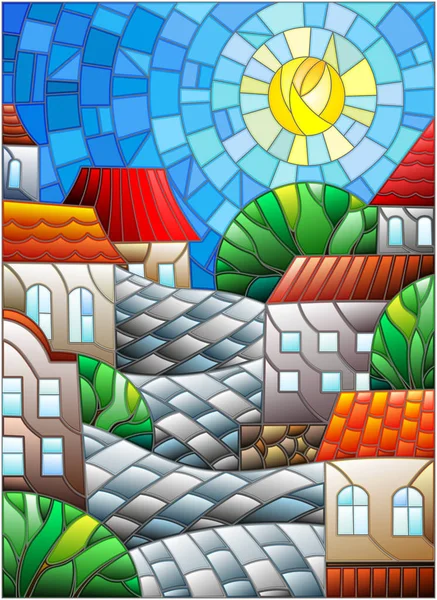 Ilustração em estilo vitral, paisagem urbana, telhados e árvores contra o céu dia e sol — Vetor de Stock