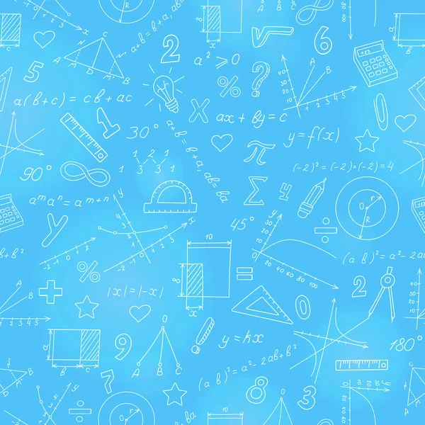 Bezszwowe tło z formuły i wykresy na temat matematyki i edukacji, światła obrysowe na niebieskim tle — Wektor stockowy