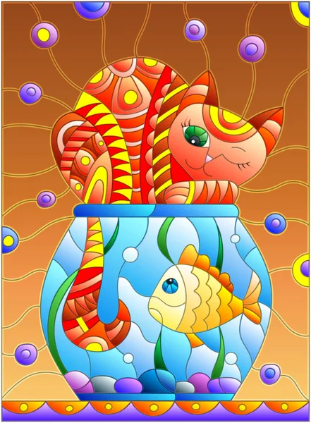 Illustration in stained glass style with red abstract cat and goldfish in the aquarium — Stock Vector