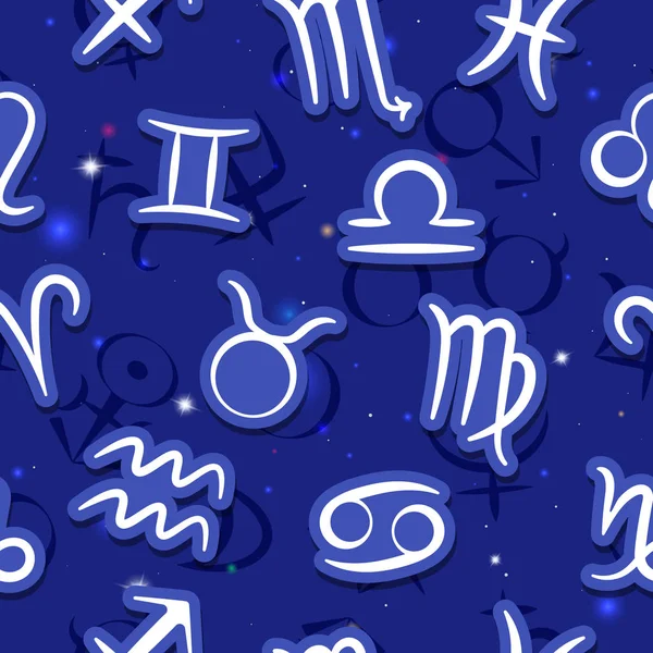 Nahtloses Muster mit Tierkreiszeichen und den Zeichen der Planeten am sternenblauen Himmel — Stockvektor