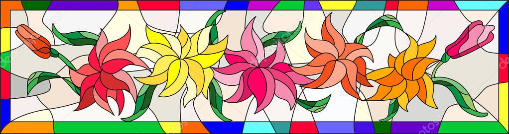 Illustration in stained glass style with flowers, buds and leaves of Lily