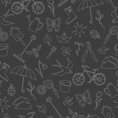 Bahar, karanlık bir arka plan üzerinde parlak bir anahat konulu basit kontür simgeleri ile Seamless Modeli