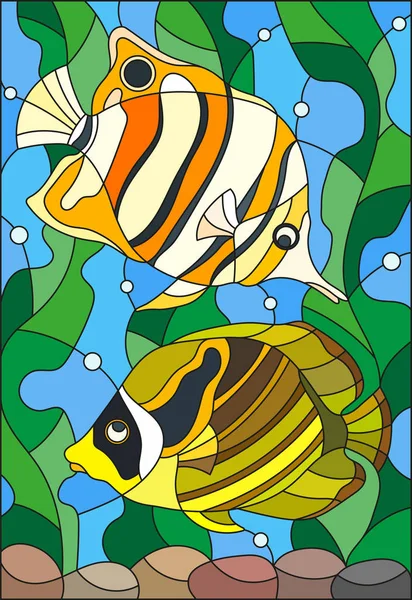 Ilustración en estilo vitral con un par de mariposas de pescado sobre el fondo de agua y algas — Vector de stock