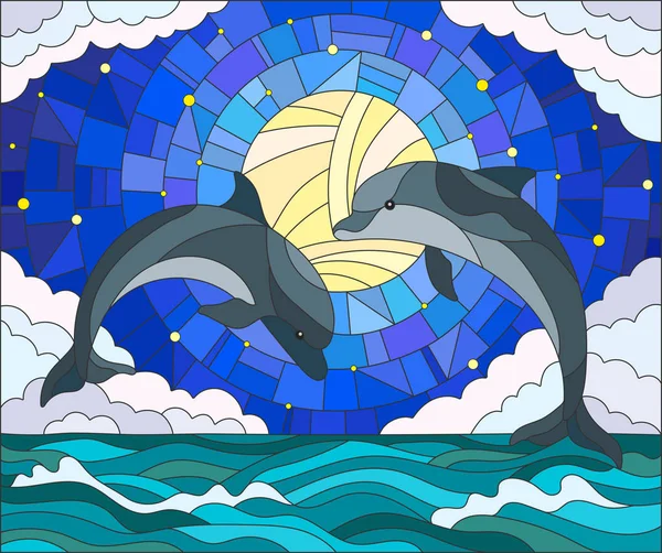 Ілюстрація у вітражному стилі з парою дельфінів на фоні води, хмари, зоряне небо та місяць — стоковий вектор