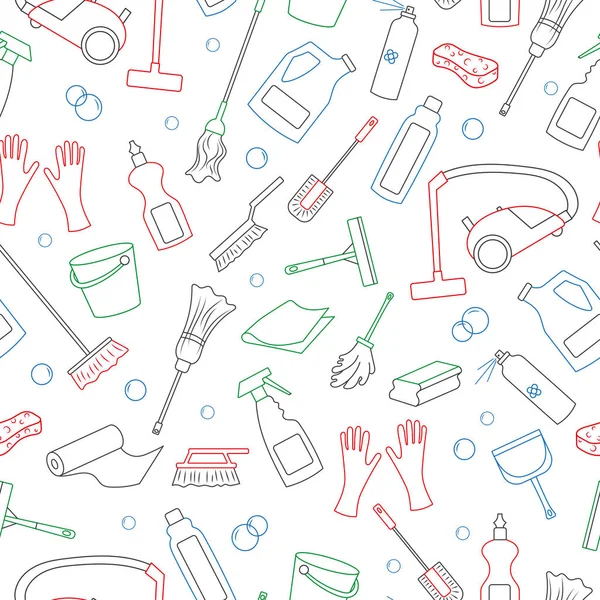 Seamless pattern on the theme of cleaning and household equipment and cleaning products, simple colored contour icons on white background — Stock Vector