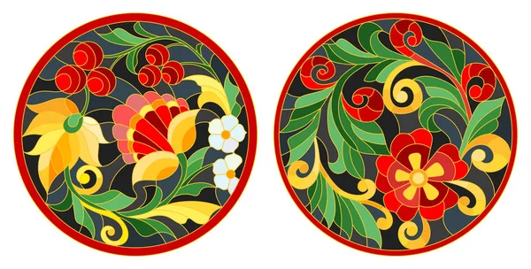 Set of illustrations of the round stained glass Windows with abstract flowers and leaves, stylized folk painted Khokhloma