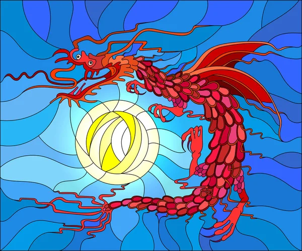 Illustration en vitrail avec dragon ailé rouge et soleil dans le ciel — Image vectorielle