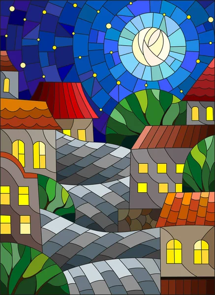 Illustratie in de stijl van gebrandschilderd glas, stadslandschap, daken en bomen tegen de sterrenhemel en de maan — Stockvector