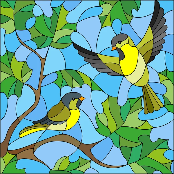Illustration en vitrail sur le thème de l'été, deux siskin dans le ciel et des feuilles d'érable — Image vectorielle