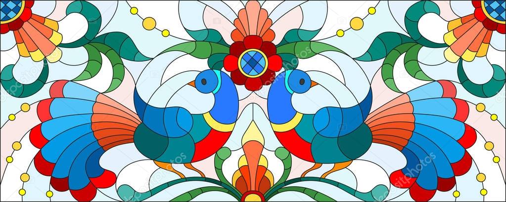 Illustration in stained glass style with a pair of abstract birds , flowers and patterns on a light background , horizontal image