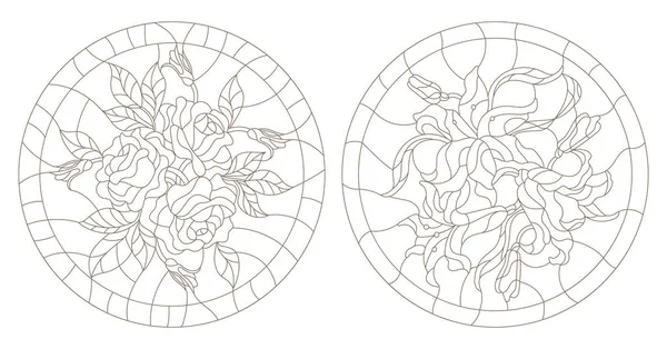Ställa in kontur illustrationer av runda målat glas med rosor och liljor — Stock vektor