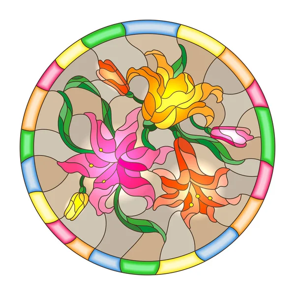 Illustration en vitrail avec des fleurs et des feuilles de lis dans un cadre rond lumineux — Image vectorielle