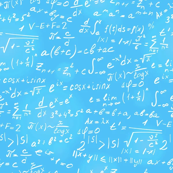 Fondo sin fisuras sobre el tema de los teoremas matemáticos, símbolos y fórmulas, contorno de luz sobre un fondo azul — Vector de stock