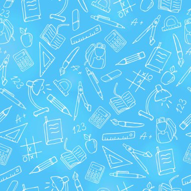 Okul, bir basit çizilmiş kontur simgeler, konulu seamless modeli ışık dağılımı üzerinde mavi arka plan