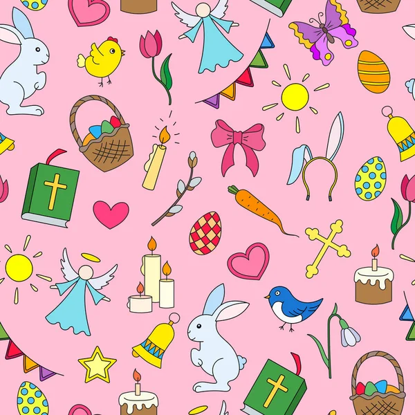 Modèle sans couture avec des icônes simples sur un thème la fête de Pâques, icônes colorées sur fond rose — Image vectorielle