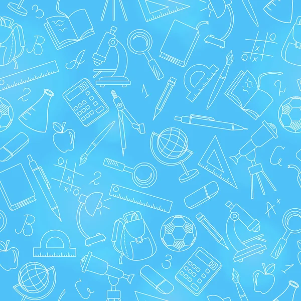 Okulu, basit bir kontur simgeler konulu seamless modeli ışık anahat üzerinde mavi bir arka plan