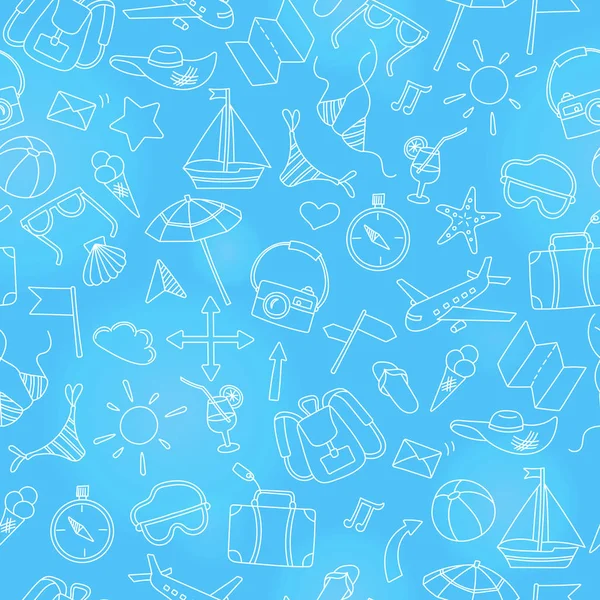 Fond sans couture avec de simples icônes dessinées à la main sur le thème de l'été et des vacances, contour clair sur un fond bleu — Image vectorielle