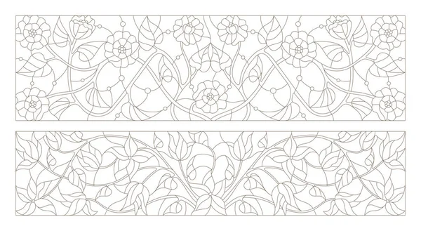 Set contourillustraties van glas in lood met abstracte wervelingen en bloemen, horizontale oriëntatie — Stockvector