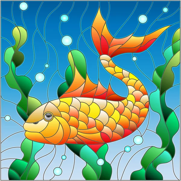 Ilustrasi dalam gaya kaca patri dengan ikan emas di latar belakang air dan ganggang - Stok Vektor