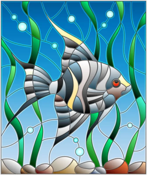 Ілюстрація у вітражному стилі скаляр риби на тлі води і водоростей — стоковий вектор