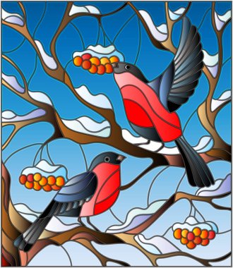 Vitray tarzı bullfinches, karla kaplı dağ kül ağaç arka plan üzerinde bir çift ile resimde