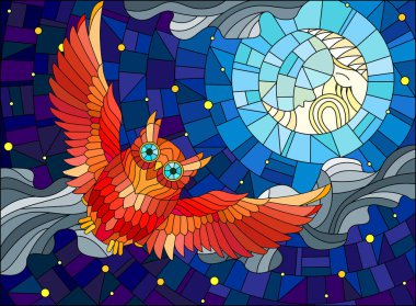 Vitray tarzı muhteşem kırmızı baykuş ve arka plan gece yıldızlı gökyüzü ve bulutlar ayda çizimde