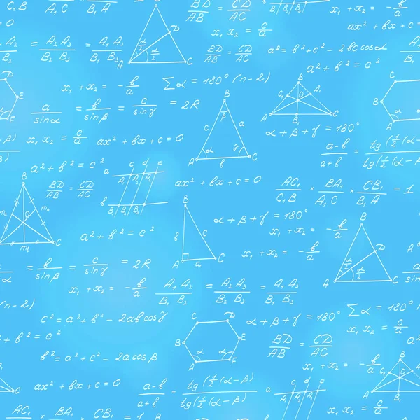 Patrón sin fisuras sobre el tema del tema de la geometría, fórmulas y gráficos de teoremas, un contorno brillante sobre un fondo azul — Vector de stock