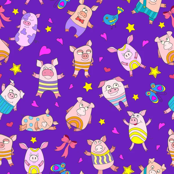 Seamless pattern with funny cartoon pigs on a purple background — Stock Vector