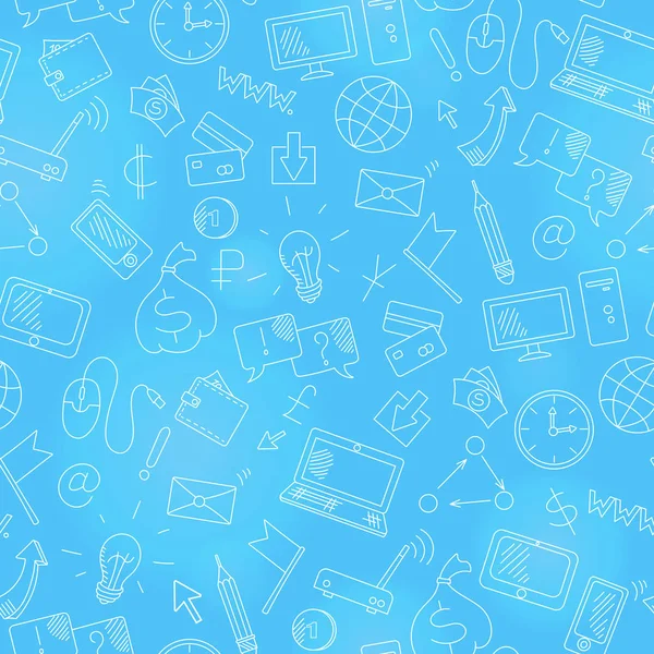 Fondo sin fisuras sobre el tema de la tecnología de la información y ganar dinero en línea, iconos de contorno dibujado a mano simples, contorno blanco sobre un fondo azul — Vector de stock