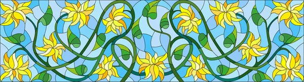 Illustratie in gebrandschilderd glas stijl met abstracte gele bloemen op een blauwe achtergrond, horizontale oriëntatie — Stockvector
