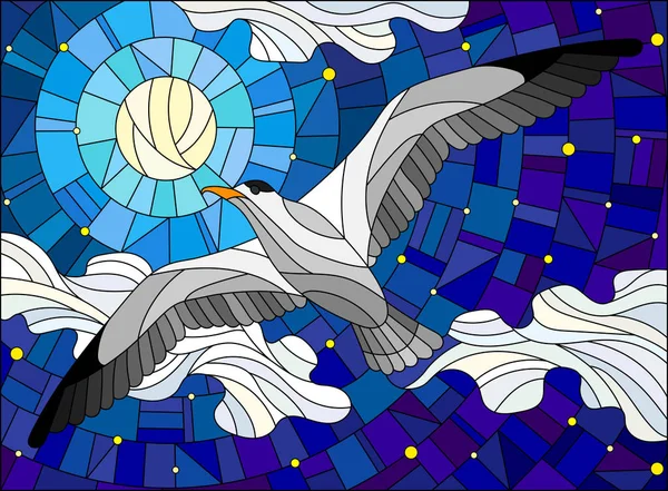 Illustration in Glasmalerei Möwe auf dem Hintergrund des Sternenhimmels, Mond und Wolken — Stockvektor