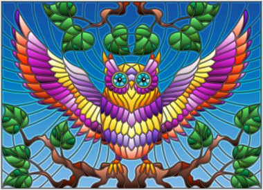 Bir ağaç dalı gökyüzüne karşı oturup muhteşem renkli baykuş stiliyle vitray çizimde