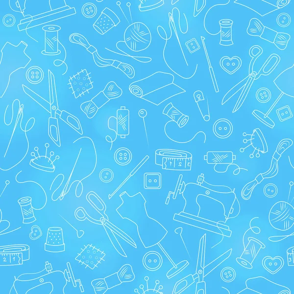 Modello senza cuciture sul tema del cucito e cucito, semplici icone contorno su uno sfondo blu — Vettoriale Stock