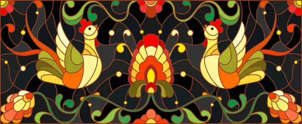 Illustratie in gebrandschilderd glas stijl met een paar hanen, bloemen en patronen op een donkere achtergrond, horizontale afbeelding, de nabootsing van het schilderen van de Chochloma — Stockvector