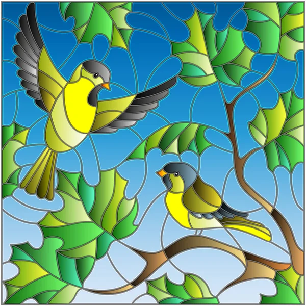 Ilustración en estilo vidriera sobre el tema del verano, dos siskin en el cielo y hojas de arce — Vector de stock