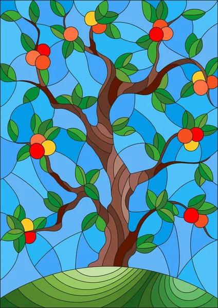 Εικονογράφηση στο λεκιασμένο γυαλί στυλ με μια μηλιά που στέκεται μόνη της σε ένα λόφο ενάντια στον ουρανό — Διανυσματικό Αρχείο
