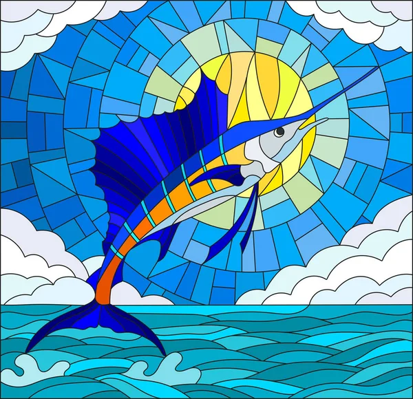 Ilustración en estilo vitral con un velero de pescado sobre el fondo de agua, nube, cielo y sol — Vector de stock