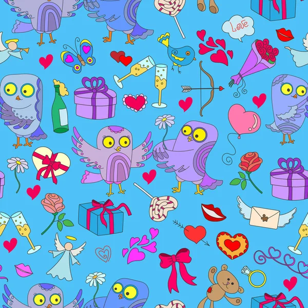 Fondo sin costuras con búhos enamorados el día de San Valentín. Patrón sin costuras con búhos e iconos dibujados a mano sobre el tema del día de San Valentín sobre un sustrato azul — Vector de stock